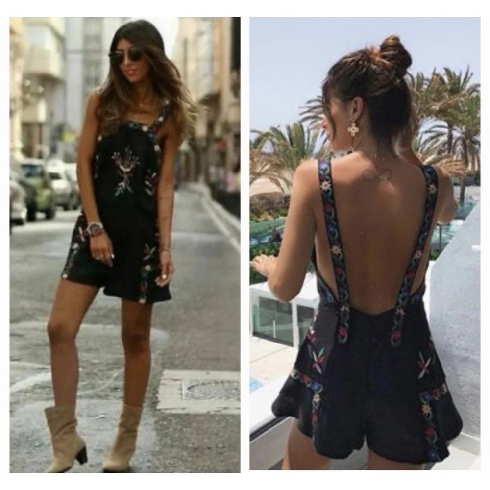 Zara Linen Romper S Floral Embroidered Black Bib Jumper Boho Hipster Open Back